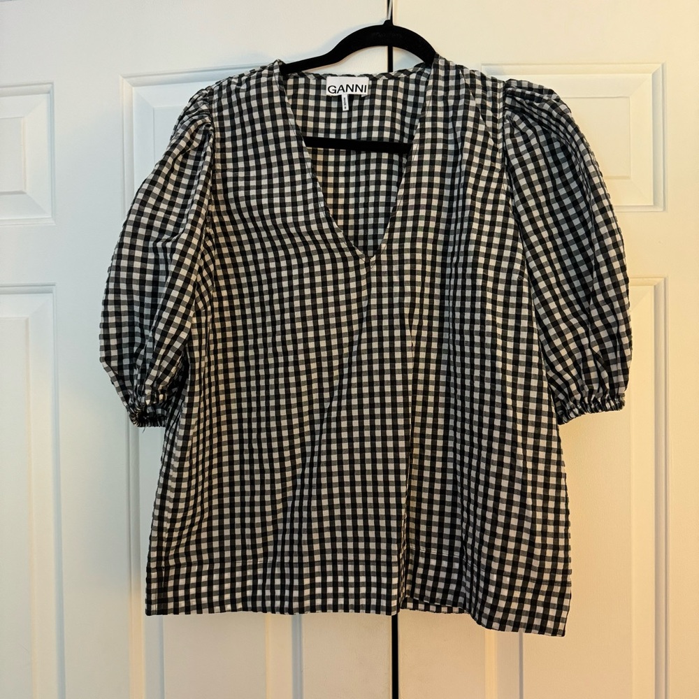 Ganni Black & White Puff Sleeve Gingham Top - Size 40